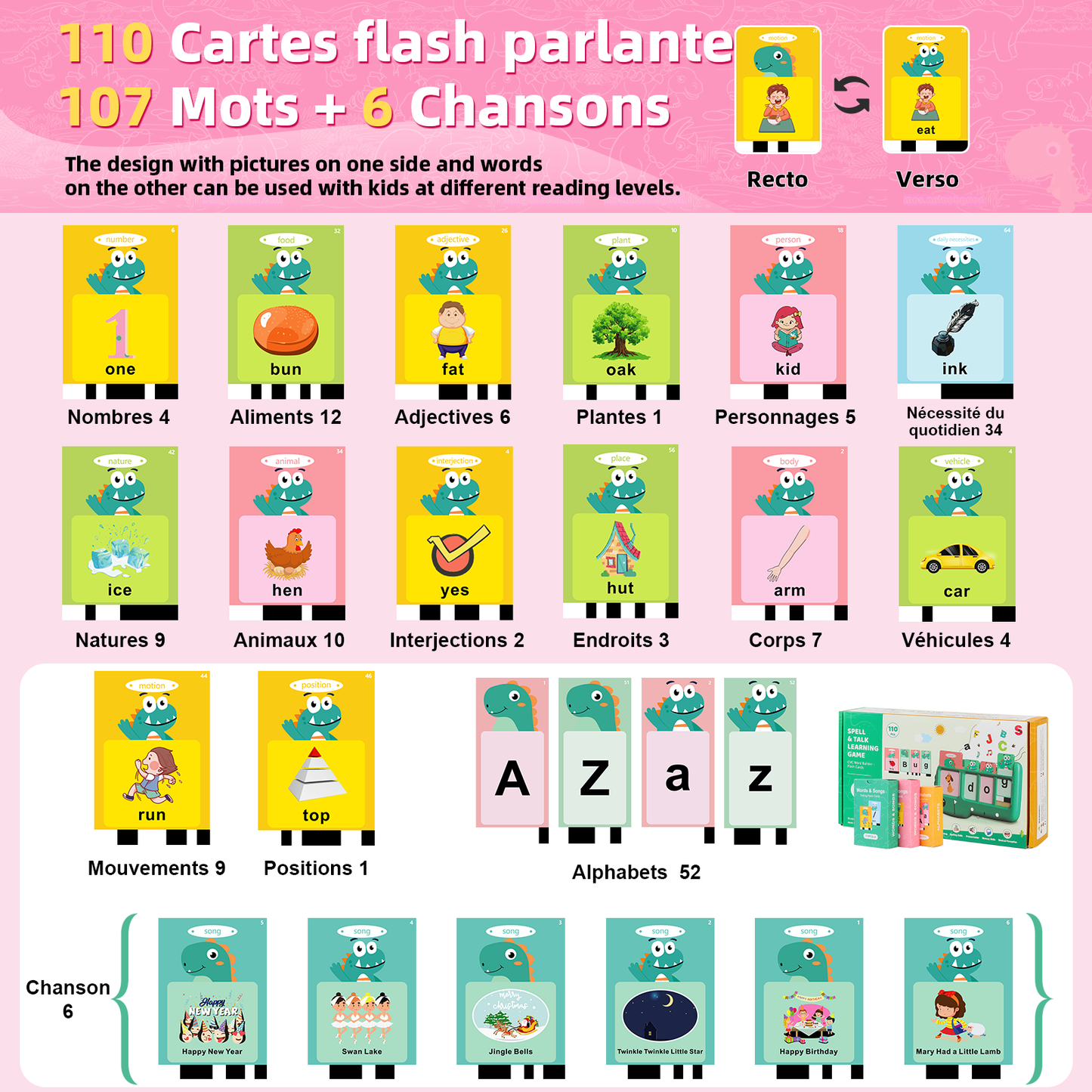Jeu d’orthographe interactif: 110 Cartes Montessori Parlantes en Anglais  "Rose"
