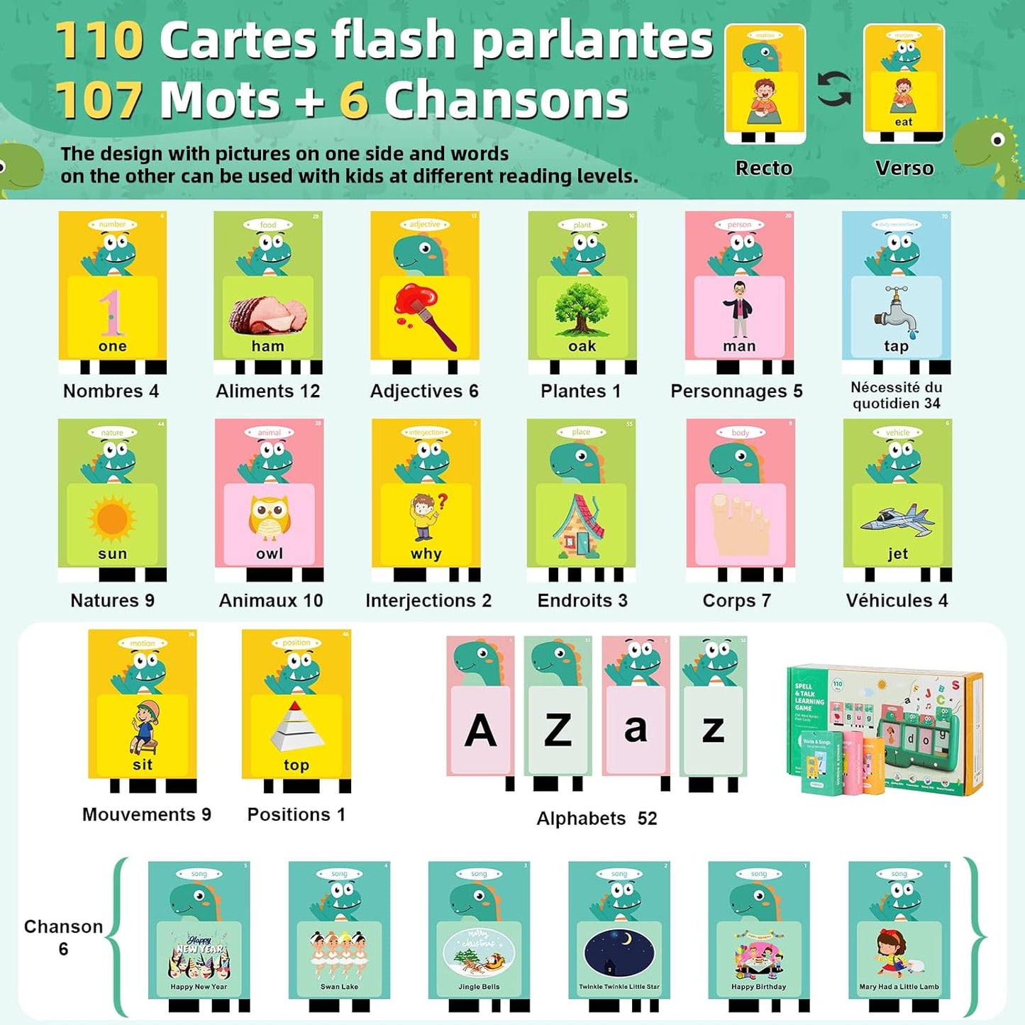 Jeu d’orthographe interactif: 110 Cartes Montessori Parlantes en Anglais "Vert"